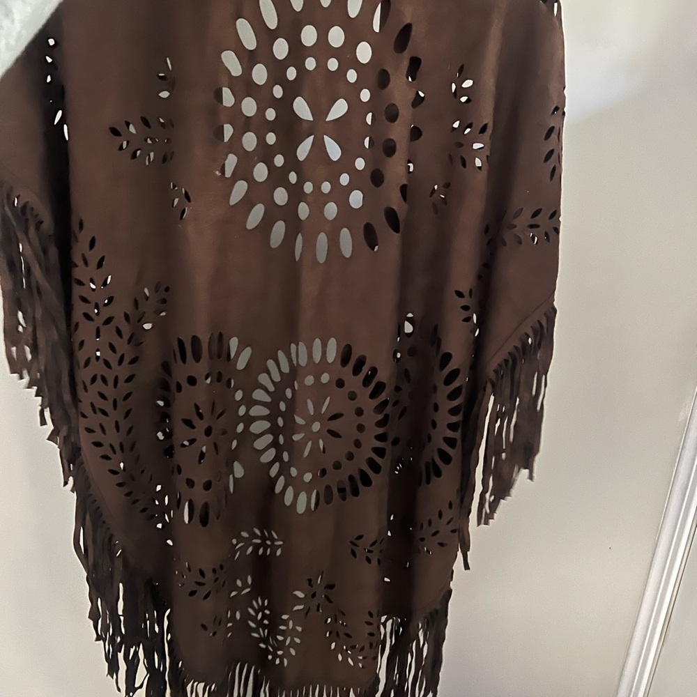 Brown Fringe Cutout Shawl
